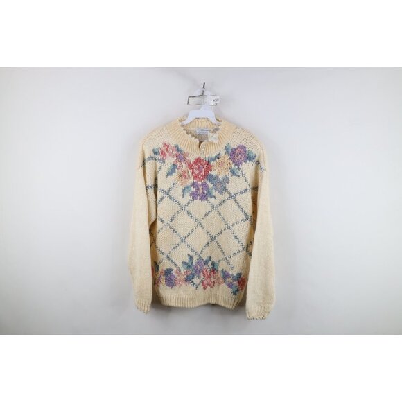 Vintage Sweaters - Deadstock Vintage 90s Streetwear Womens Medium Hand Knit Flower Floral Sweater